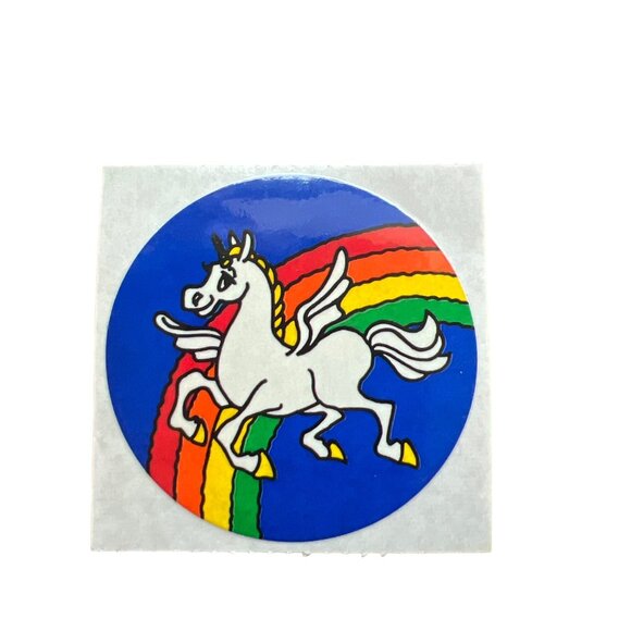 Vintage 80s Rainbow Unicorn Pegasus Sticker Round 2.5" New - Picture 1 of 3